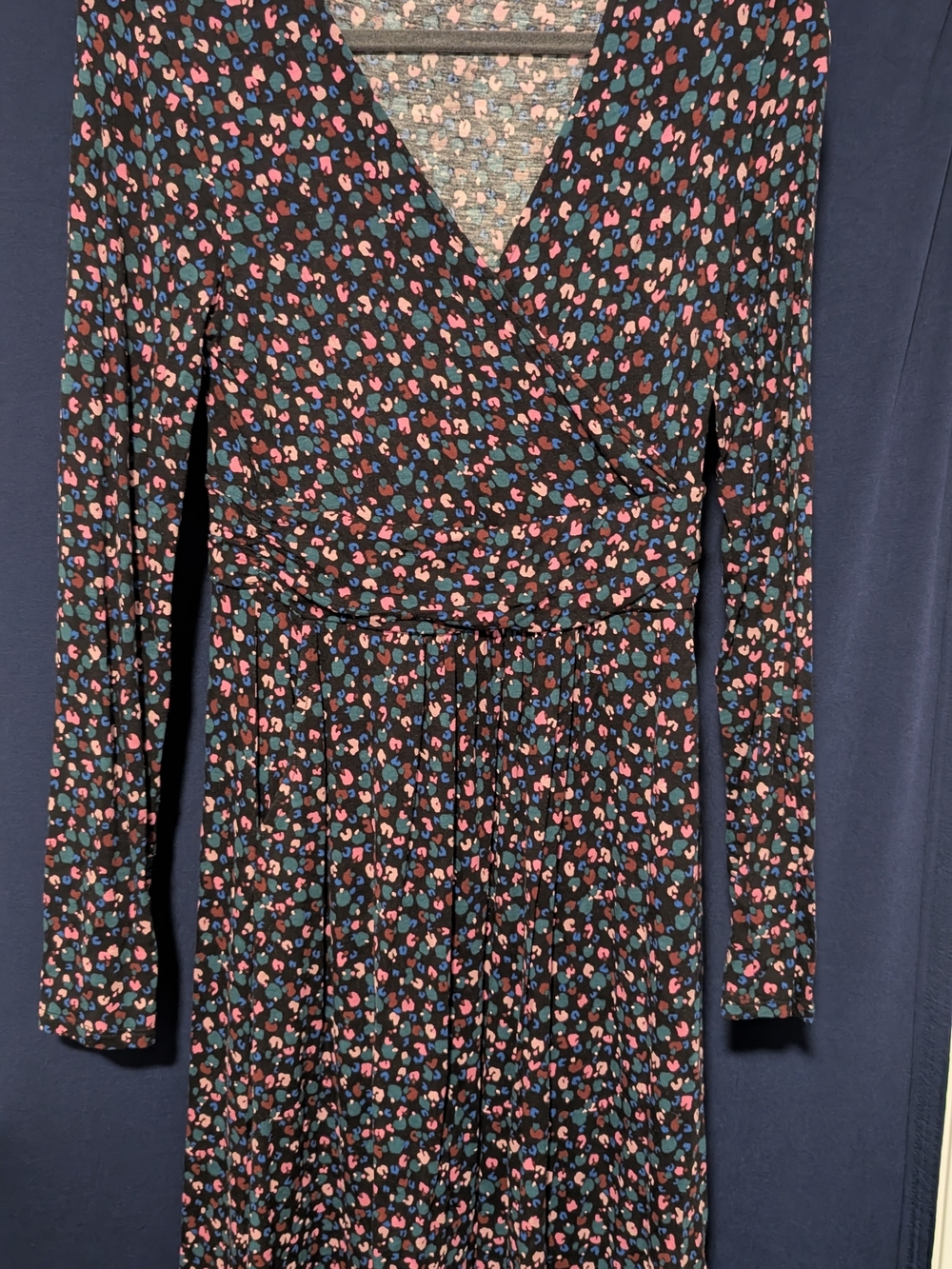 Boden Black Midi Wrap Dress with Pink and Blue Floral Print